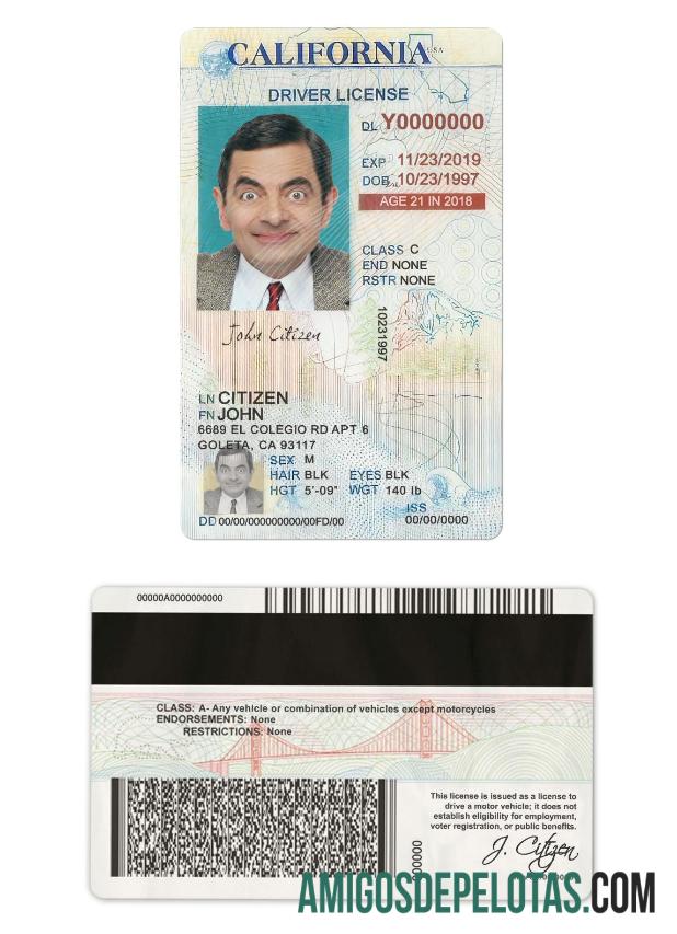 Carta de condução dos EUA na Califórnia com menos de 21 anos amostra